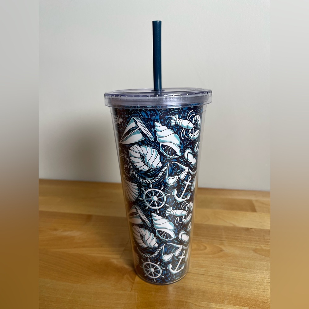 Vera Bradley Navy and White Nautical Tumbler with Straw- 24 oz. - Picture 4 of 10
